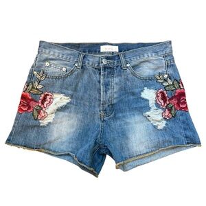 Embellished Blue Denim Shorts with Rose Embroidery